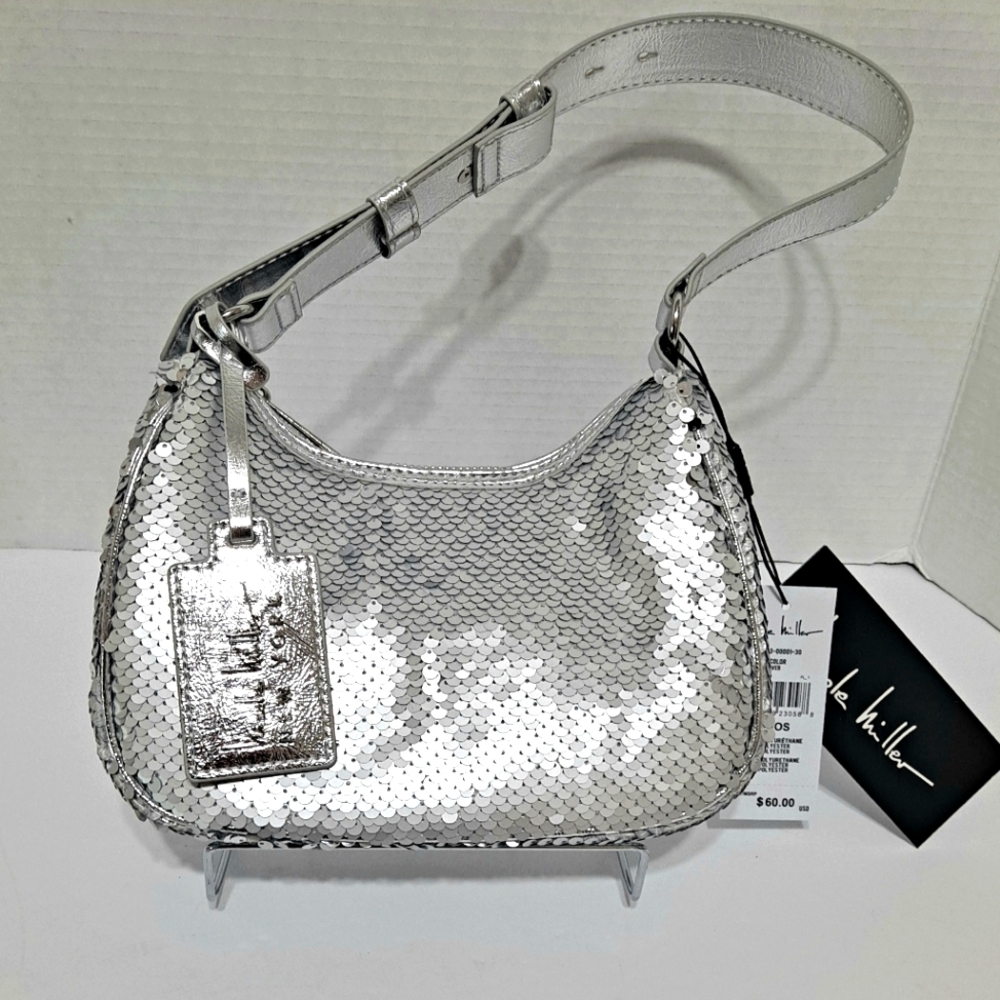 Nicole Miller Silver Sequin Hobo Bag Ajustable Shoulder Strap NWT